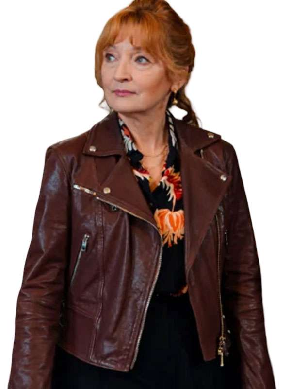 Marble Hall Murders Lesley Manville Brown Leather Jacket